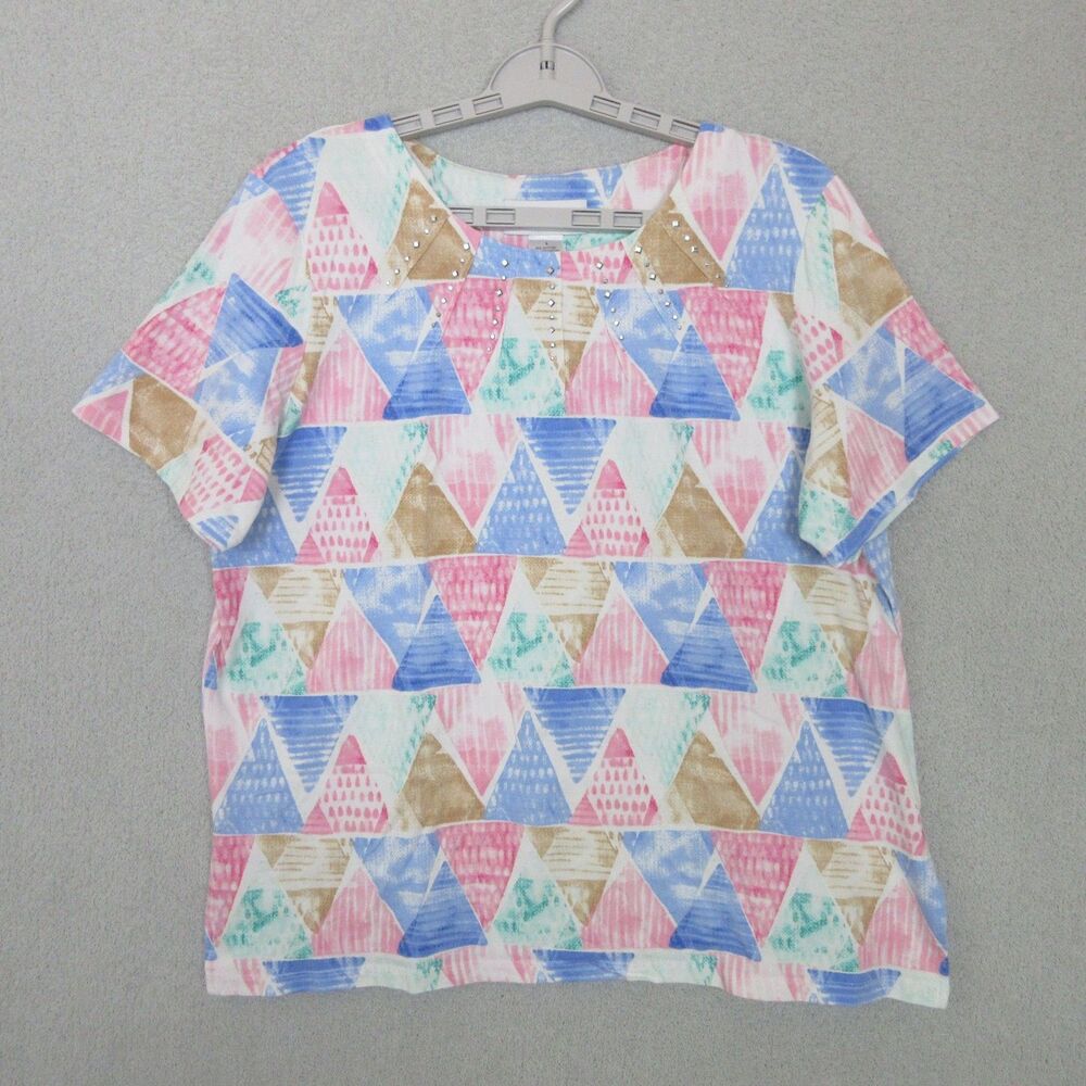 Alfred Dunner Top Womens L Pastel Triangle Print Studded‎ Collar Cotton Spandex